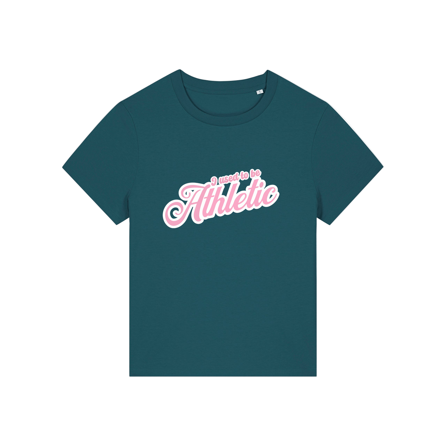 teal slogan t-shirt that reads 'i used to be athletic'