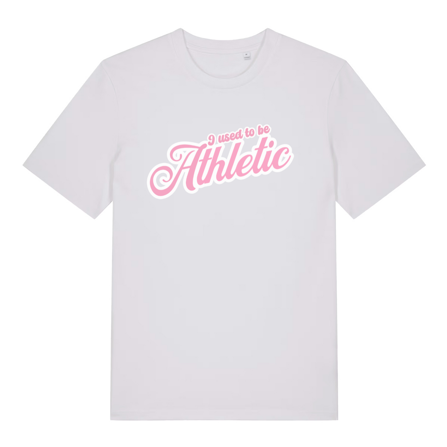 white women's slogan t-shirt with the text 'used to be athletic'