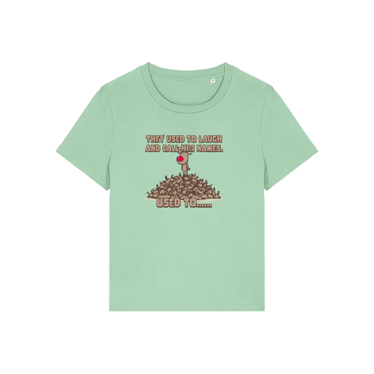 green christmas graphic t-shirt with a rudolph stood on top of a pile of reindeer and the slogan 'they used to alaugh and call him names .. used to'
