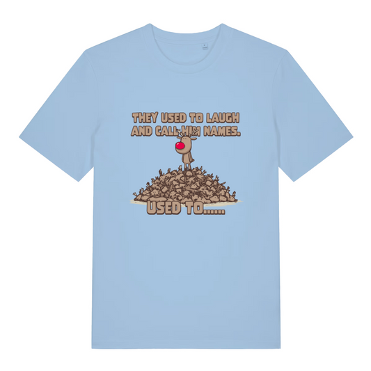 light blue women's christmas t-shirt with the graphic of rudolph stood on top of a pile of reindeer with the slogan 'they used to laugh and call me names, used to'
