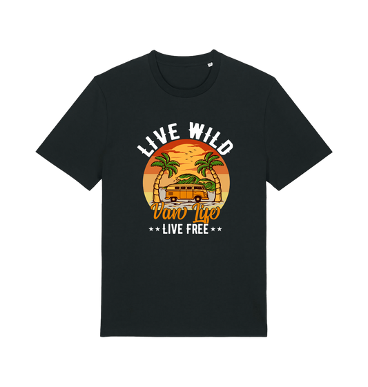 black graphic t-shirt with a campervan in between two palm trees and the slogan 'live wild live free van life'