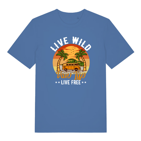 blue t-shirt with a campervan design and the slogan 'live wild van life life free'