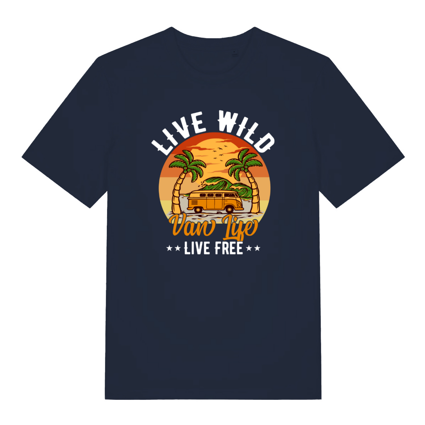 navy t-shirt with a campervan design and the slogan 'live wild van life life free'