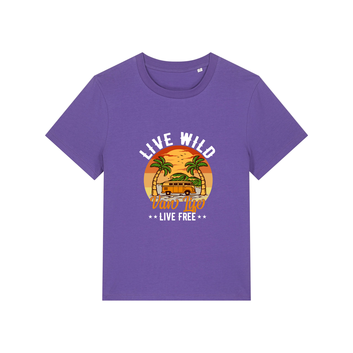 purple graphic t-shirt with a campervan and palm tress and the slogan 'live wild, van life, live free'