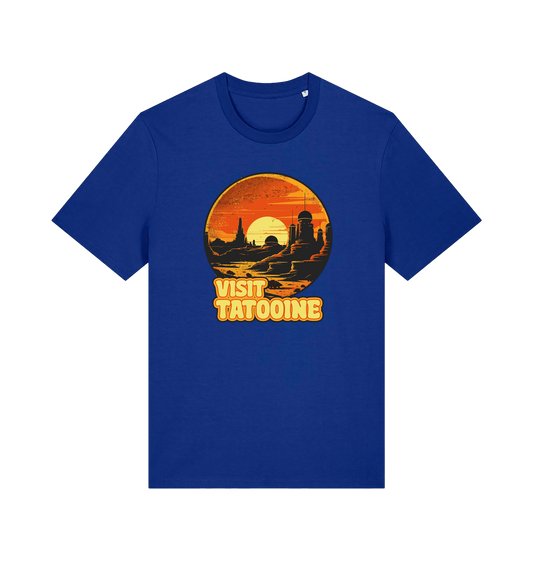 blue geek t-shirt with the graphic of a sunset and the slogan 'visit tatooine'