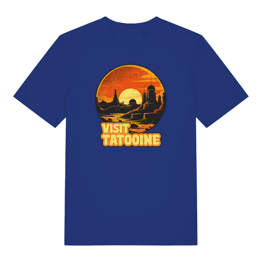 blue geek t-shirt with the graphic of an other worldly sunset and the slogan 'visit tatooine'