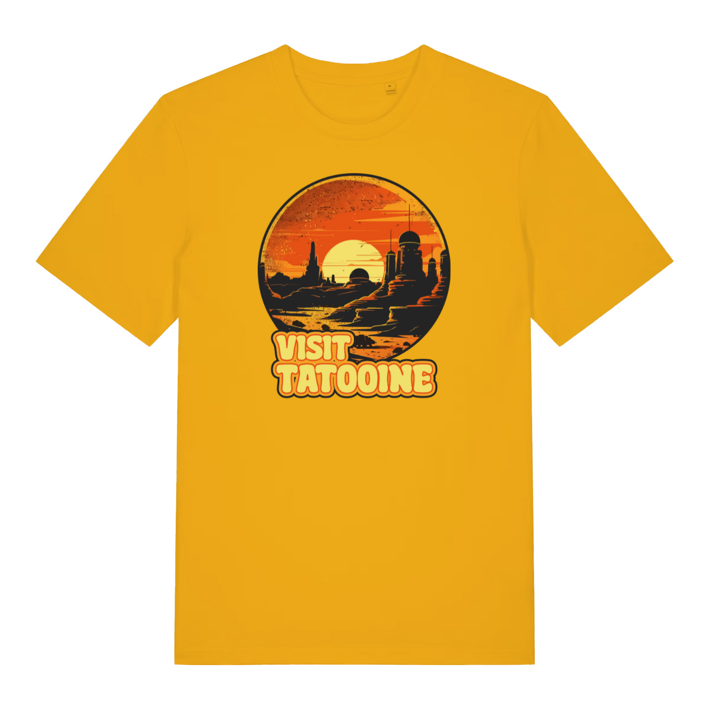 yellow geek t-shirt with the graphic of an other worldly sunset and the slogan 'visit tatooine'