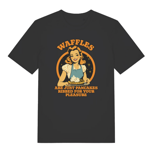 black funny offensive t-shirt with the graphic of a retro housewife and the slogan 'waffles are just pancakes ribbed for your pleasure'