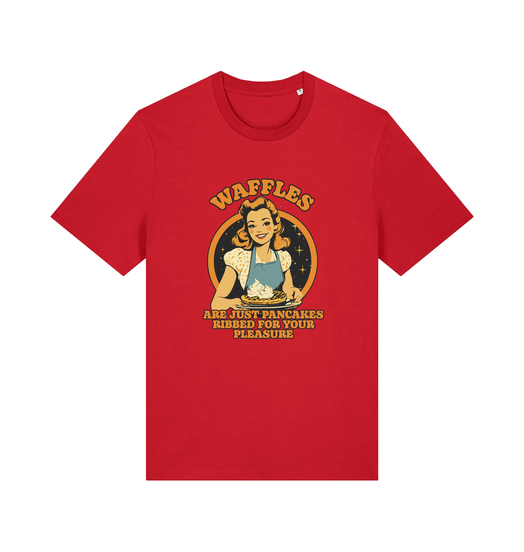 red funny offensive t-shirt with the graphic of a retro housewife and the slogan 'waffles are just pancakes ribbed for your pleasure'