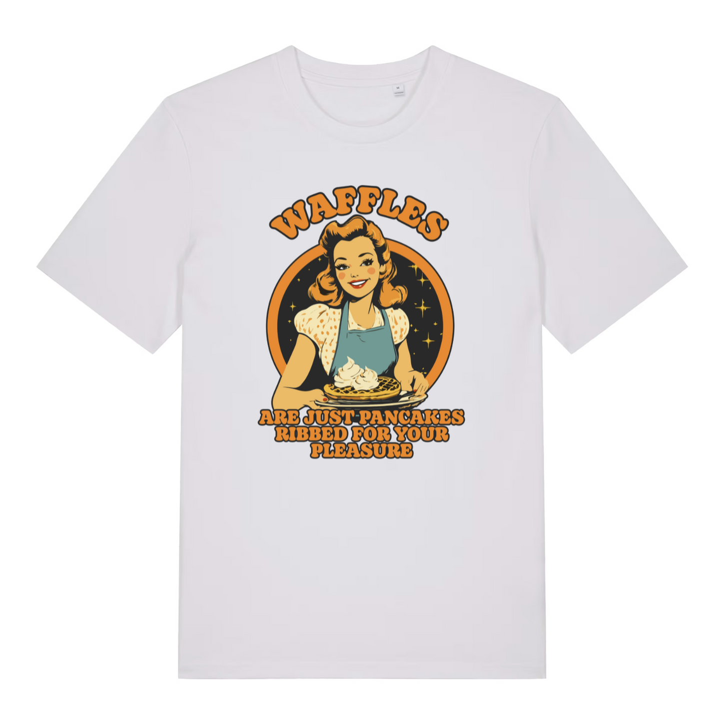 white funny offensive t-shirt with the graphic of a retro housewife and the slogan 'waffles are just pancakes ribbed for your pleasure'