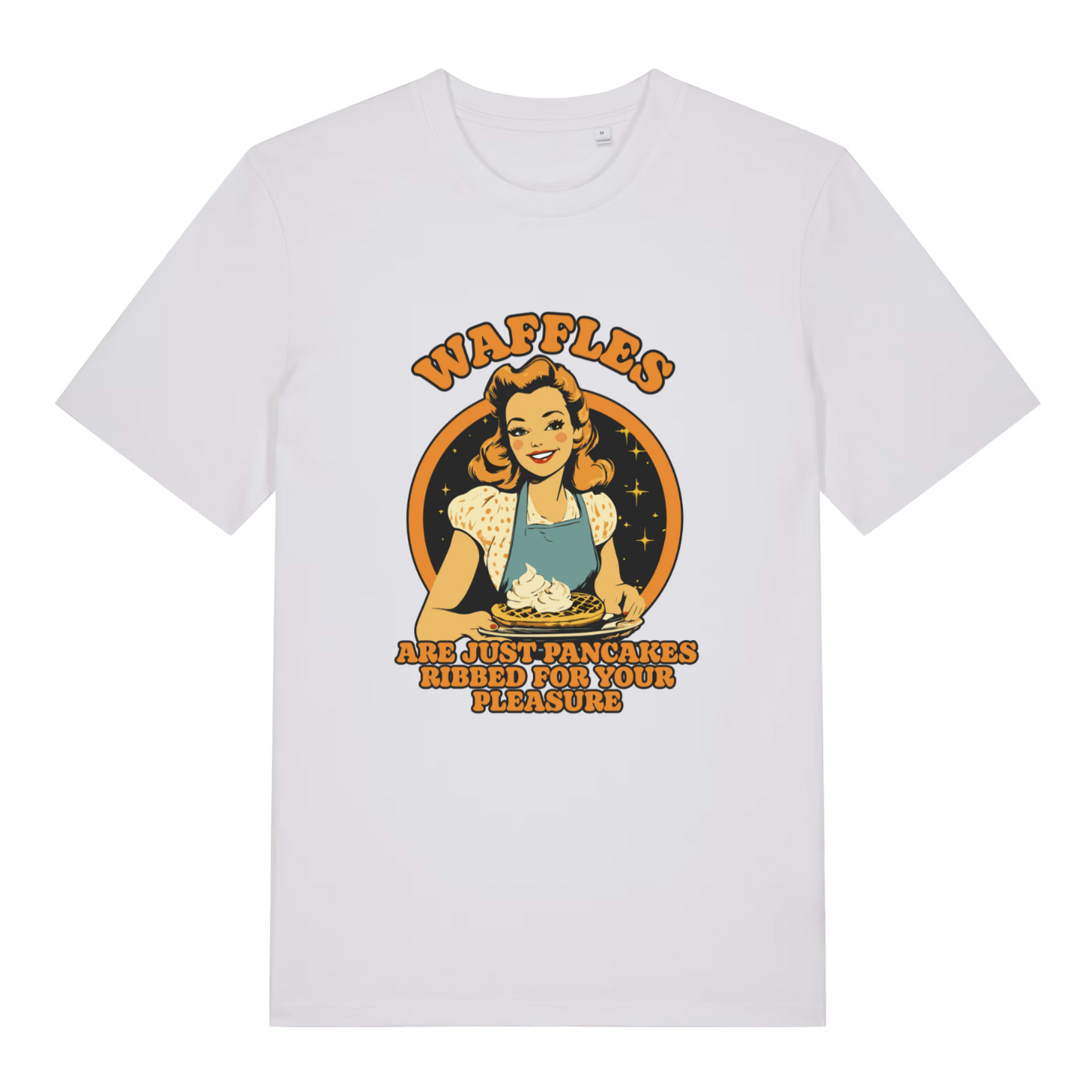 white women's funny offensive t-shirt with a graphic of a woman making waffles and the slogan 'waffles are just pancakes ribbed for your pleasure'