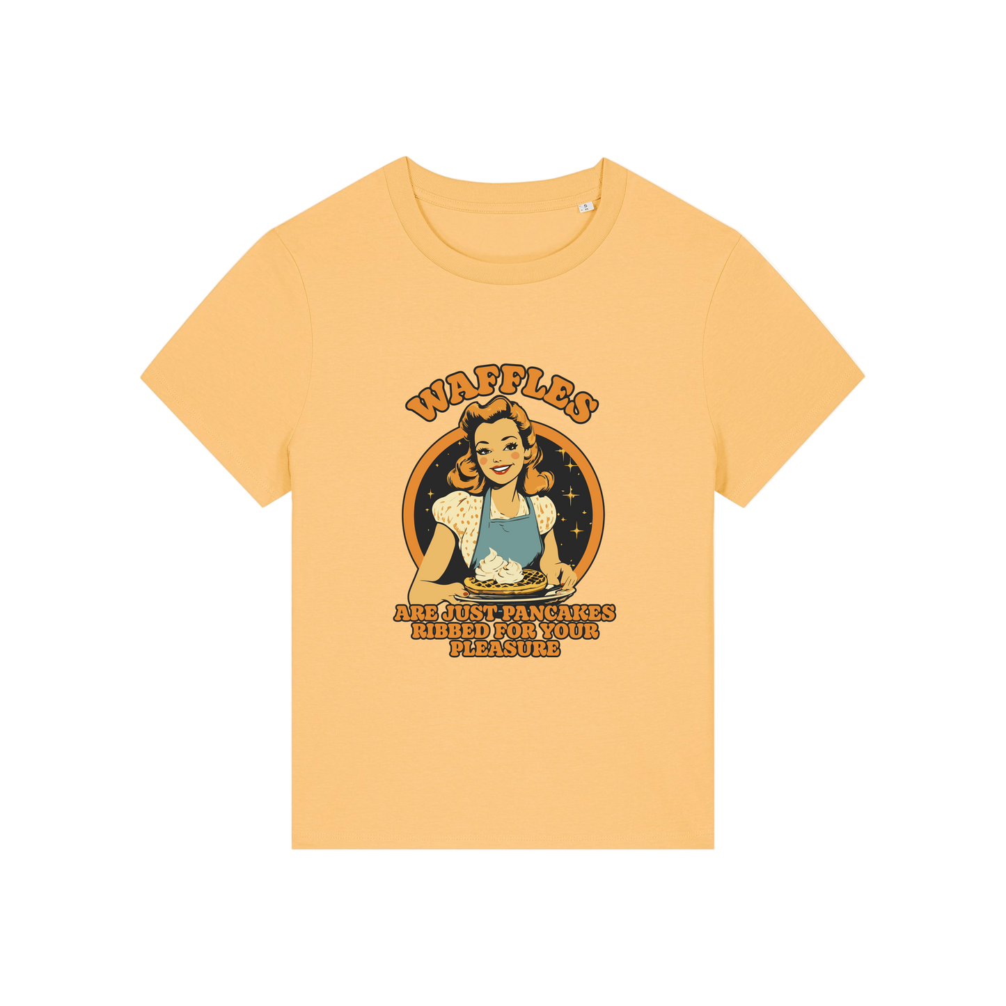 yellow funny offensive t-shirt with the graphic of a retro housewife and the slogan 'waffles are just pancakes ribbed for your pleasure'
