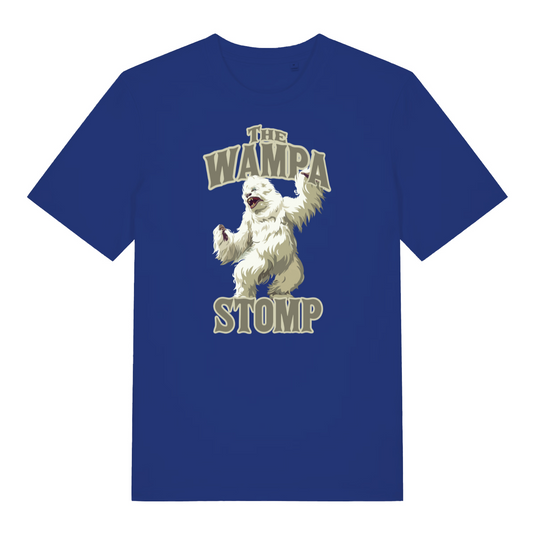 blue geek t-shirt with the graphic of a dancing wampa and the slogan 'the wampa stomp'