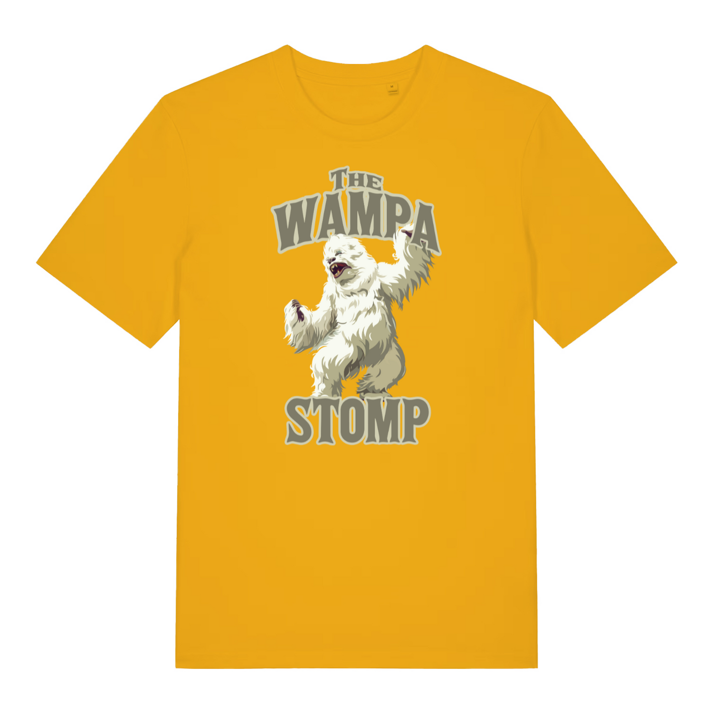 yellow geek t-shirt with the graphic of a dancing wampa and the slogan 'the wampa stomp'