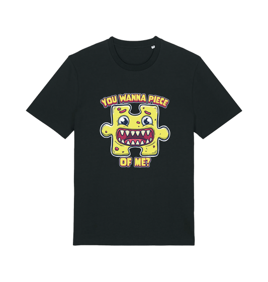 black funny t-shirt with the graphic of a cartoon jigsaw piece and the slogan 'wanna piece of me'