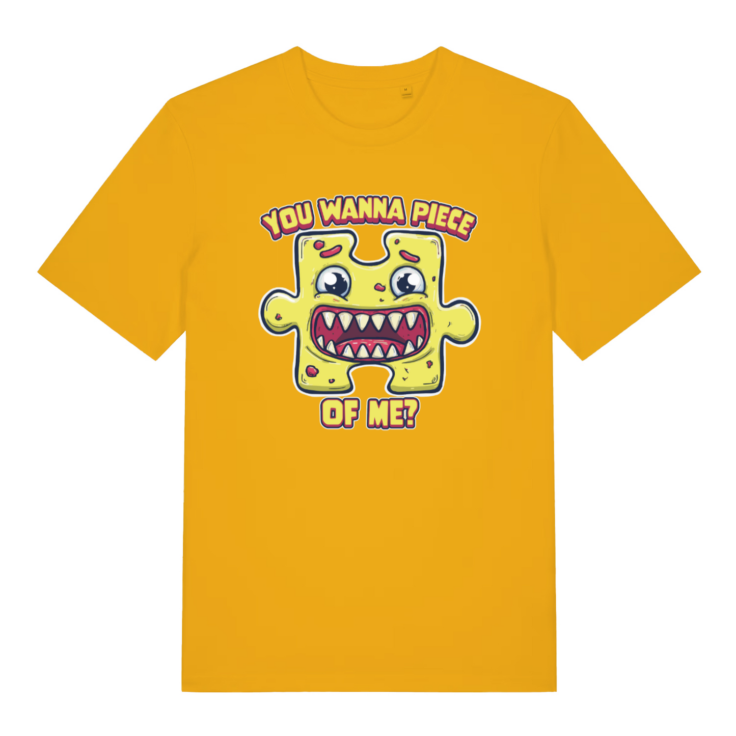 yellow graphic t-shirt with a cartoon jigsaw piece and the slogan 'you wanna piece'