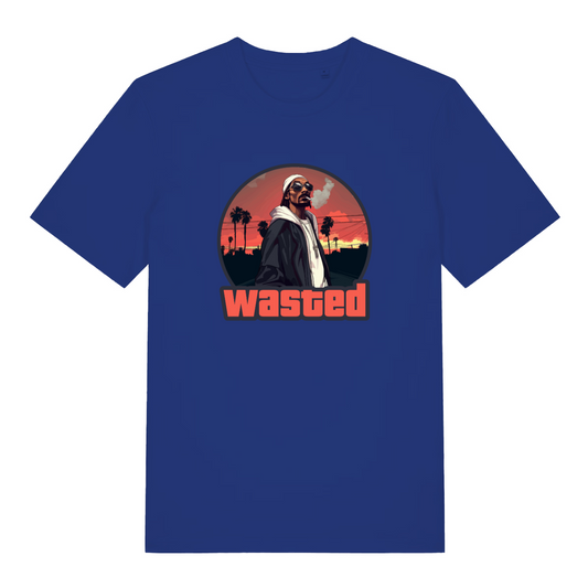 blue gaming t-shirt with a gta style graphic of snoop dogg smoking and the slogan 'wasted'