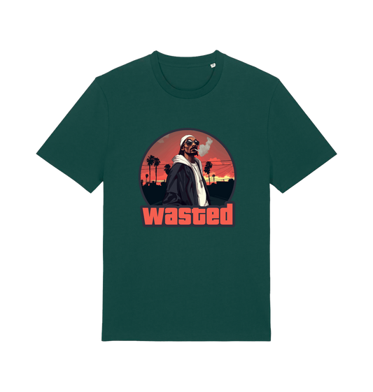 green gaming t-shirt with the graphic of a man smoking in a grand theft auto style and the slogan 'wasted'