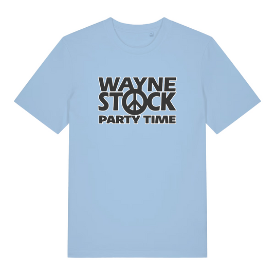 light blue movie t-shirt with 'Wayne Stock Party Time' text and peace symbol