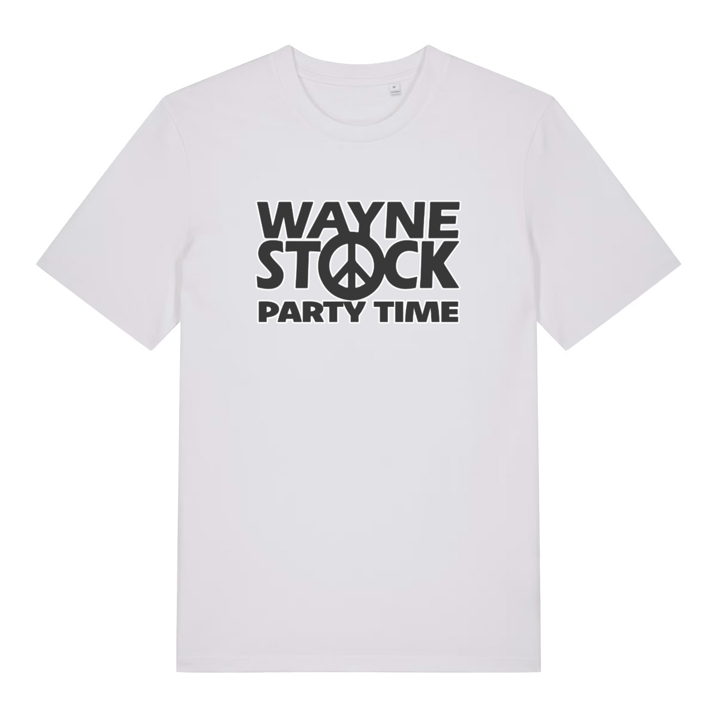 white movie t-shirt with 'Wayne Stock Party Time' text and peace symbol