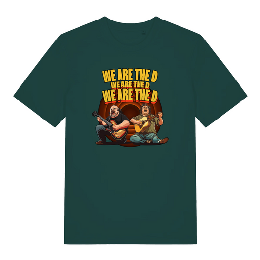green music t-shirt with the graphic of two men playing guitars and the slogan 'we are the d we are the d we are the d'