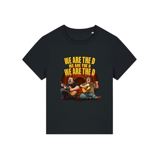 black music t-shirt with the graphic of tenacious d and the slogan 'we are the d, we are the d, we are the d'