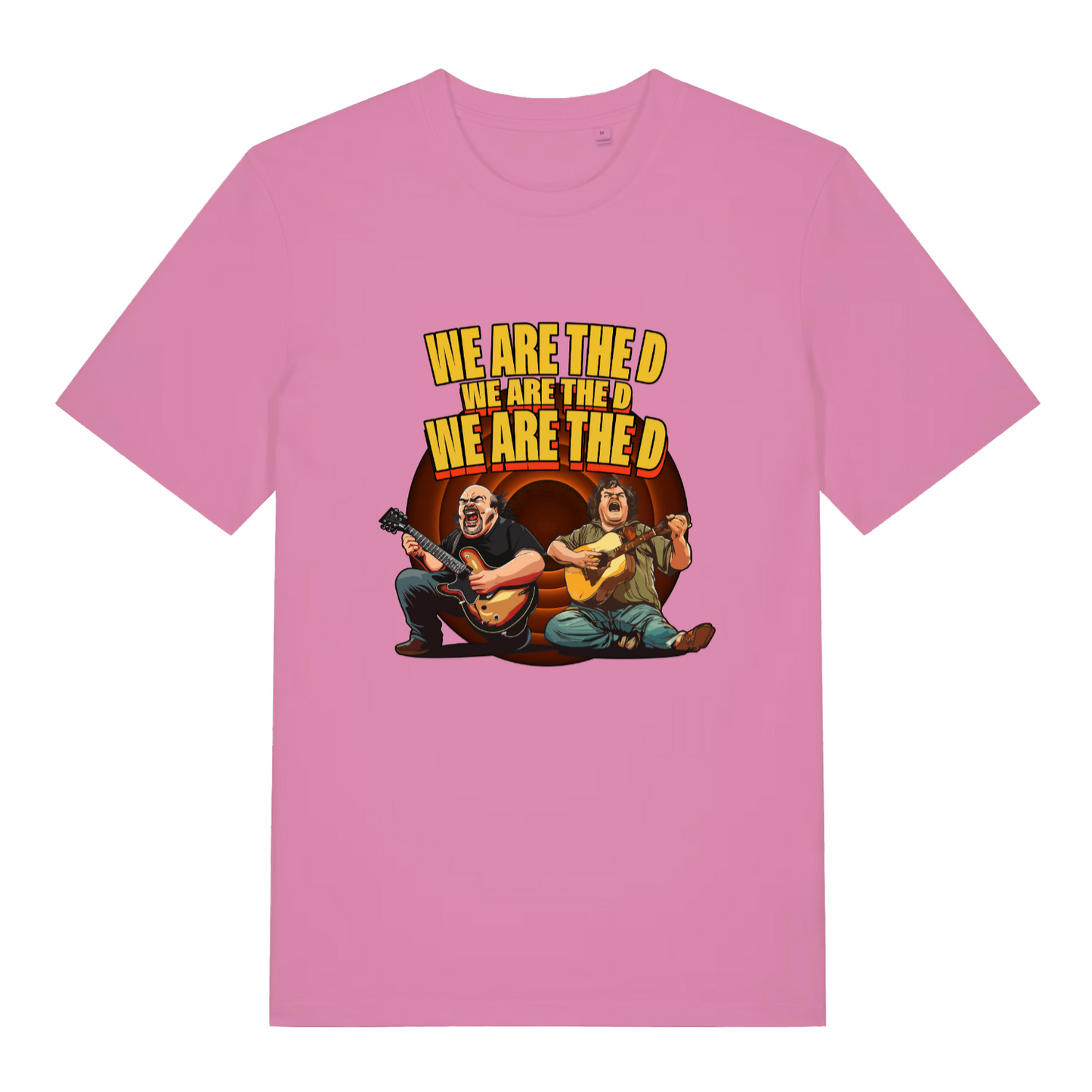 pink women's music t-shirt with the graphic of two people playing guitars and the text 'we are the d, we are the d, we are the d'