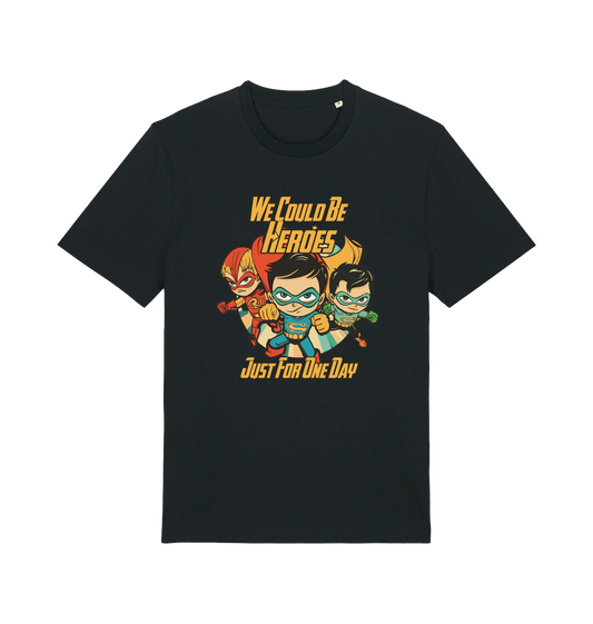black music t-shirt with the graphic of three superheroes and the slogan 'we could be heroes'