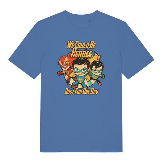 blue music t-shirt with the graphic of three superheroes and the slogan 'we could be heroes'
