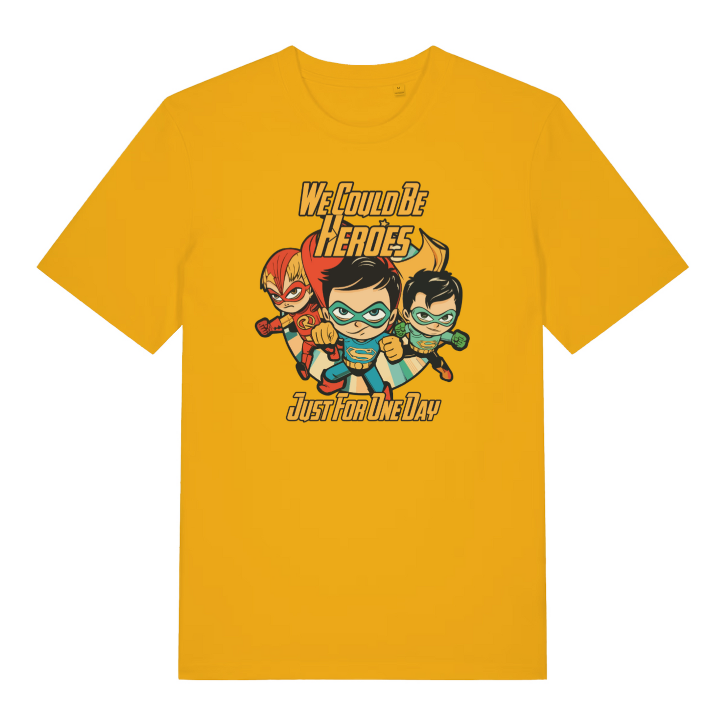 yellow music t-shirt with the graphic of three superheroes and the slogan 'we could be heroes'