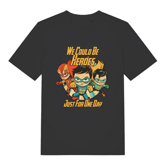 black women's music t-shirt with the graphic of three superheroes and the text 'we could be heroes just for one day'