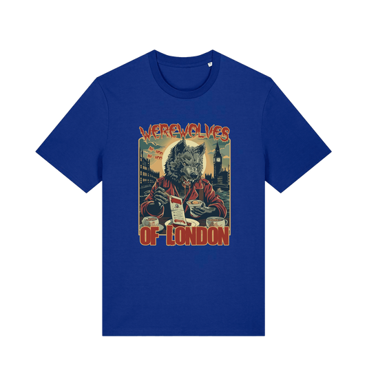 blue music t-shirt with the graphic of a werewolf reading a book and the slogan 'werewolves of london'