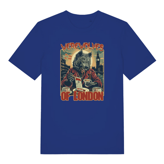 blue music t-shirt with a graphic of a werewolf reading a newspaper titled 'Werewolves of London'.