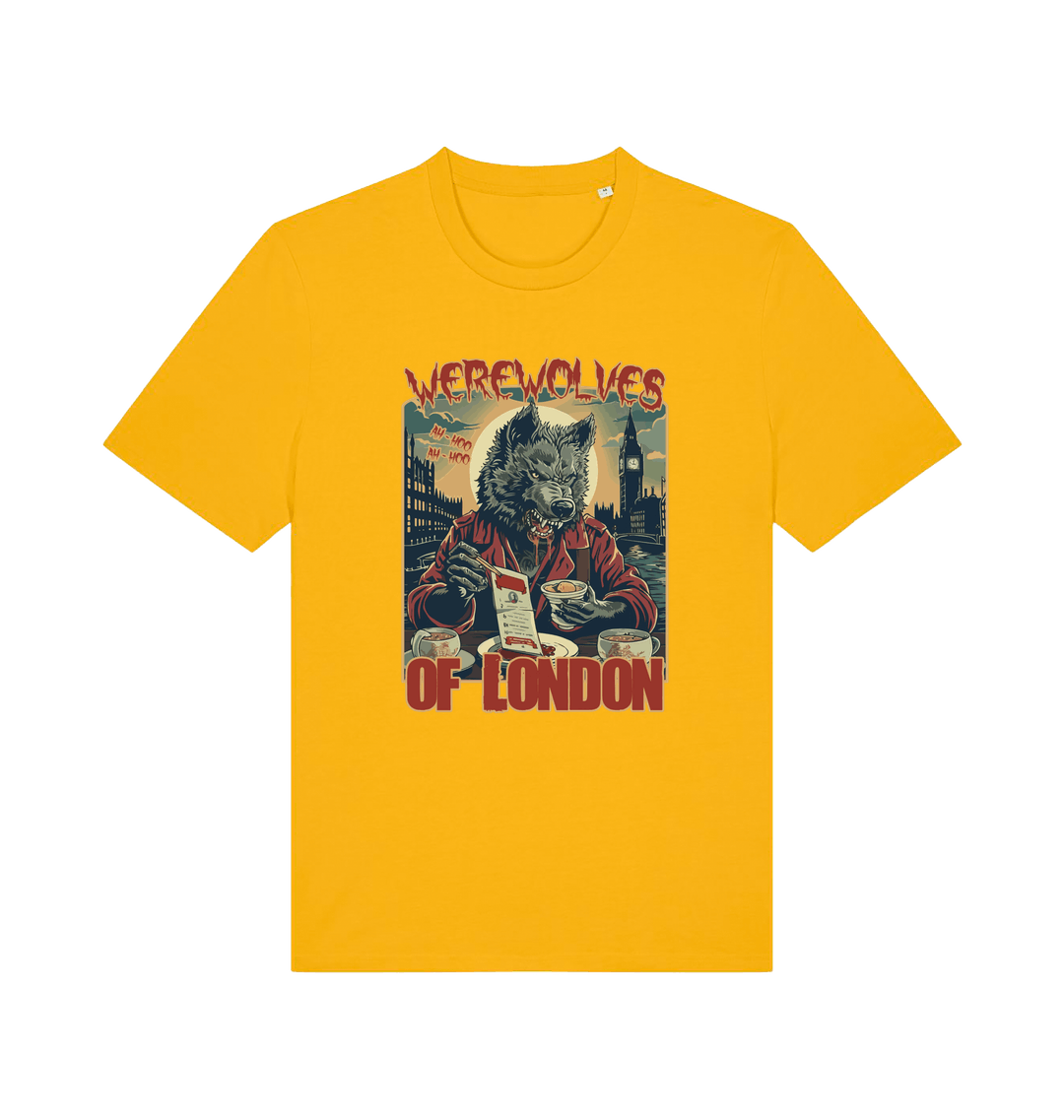 yellow music t-shirt with the graphic of a werewolf reading a book and the slogan 'werewolves of london'