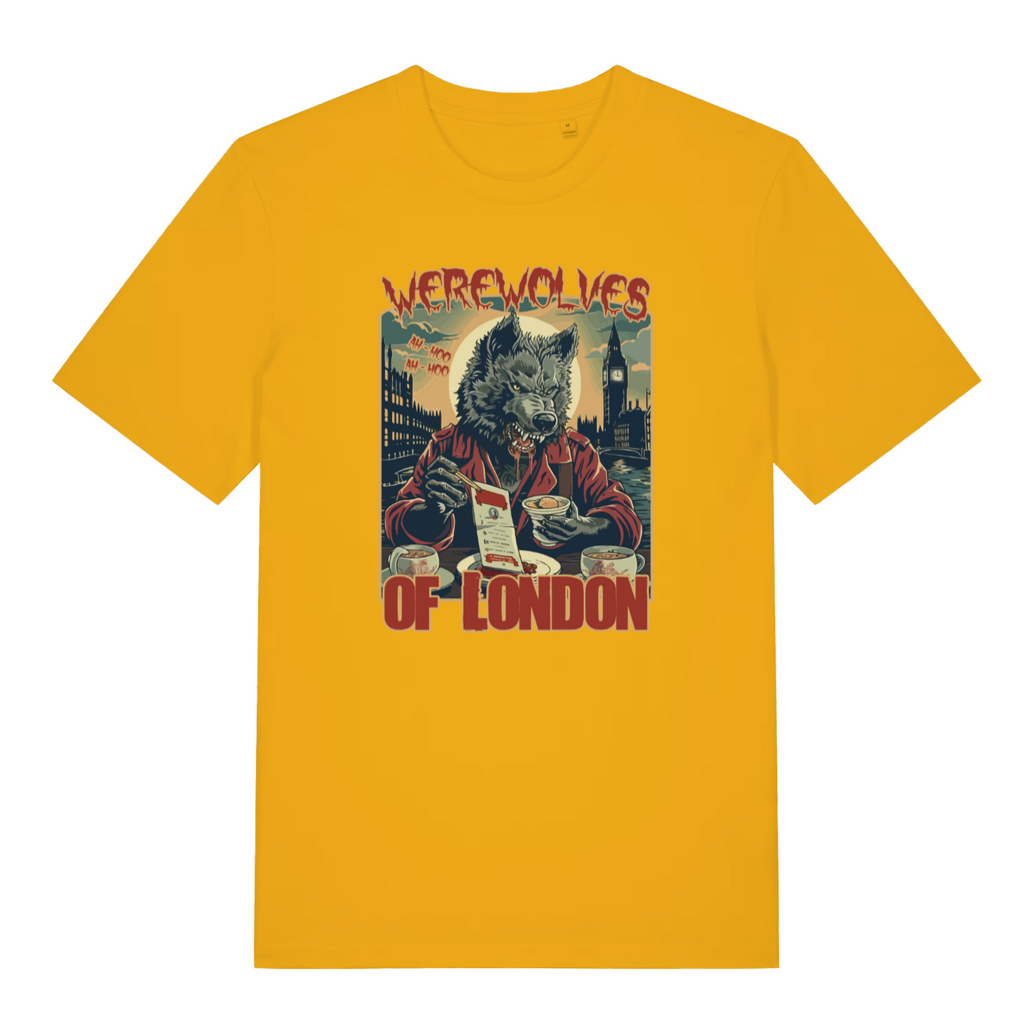 yellow music t-shirt with a graphic of a werewolf reading a newspaper titled 'Werewolves of London'.