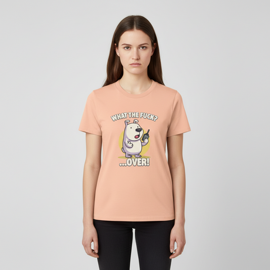 Person wearing a peach t-shirt with a graphic and text on a light gray background