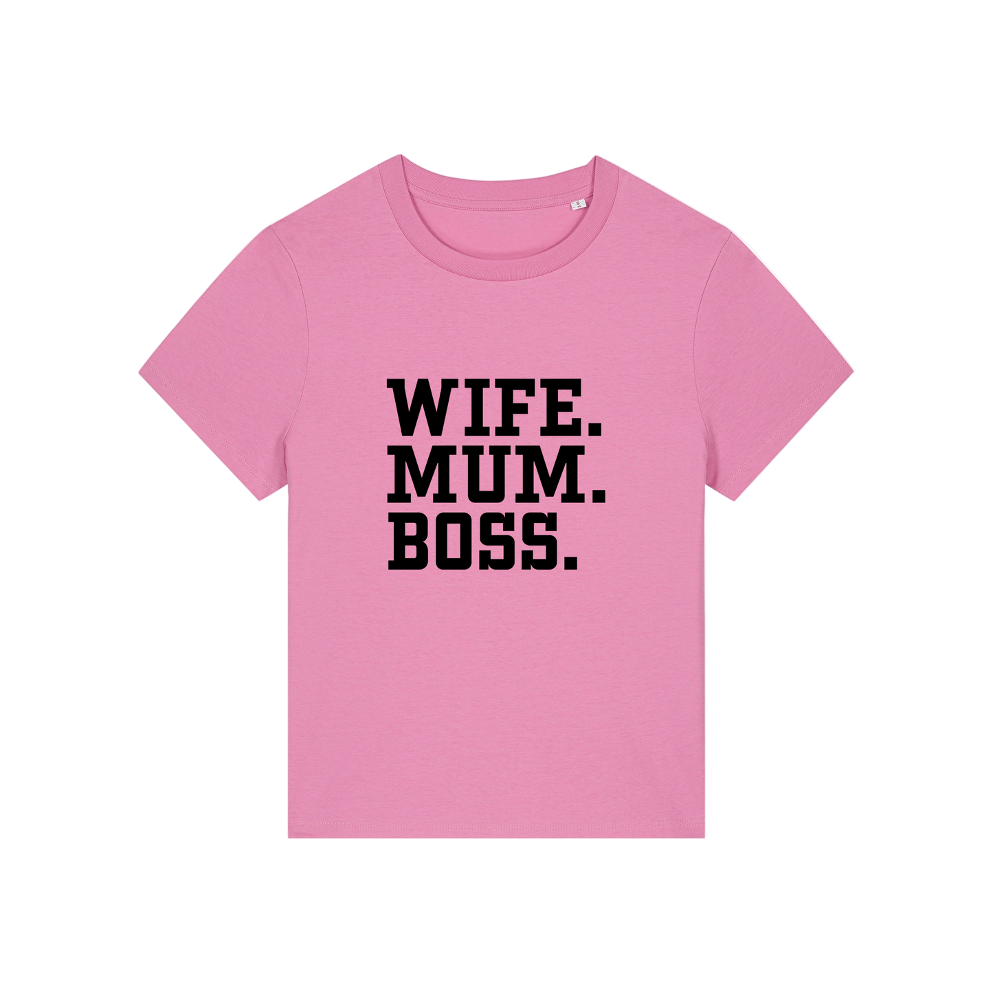 pink mum t-shirt with the slogan 'wife, mum, boss'