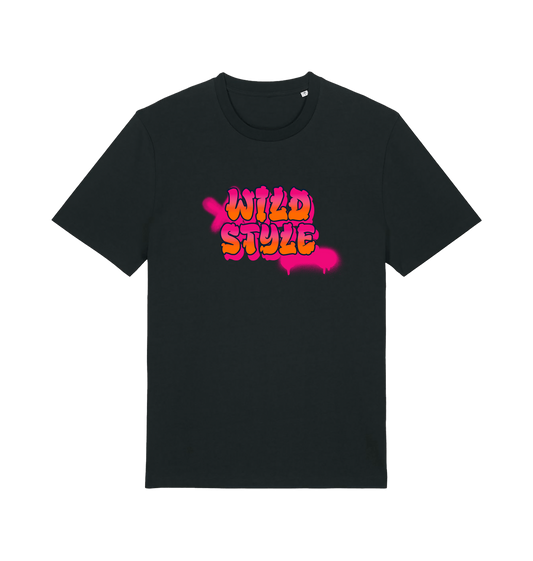 black slogan t-shirt with 'wild style' in a graffiti style