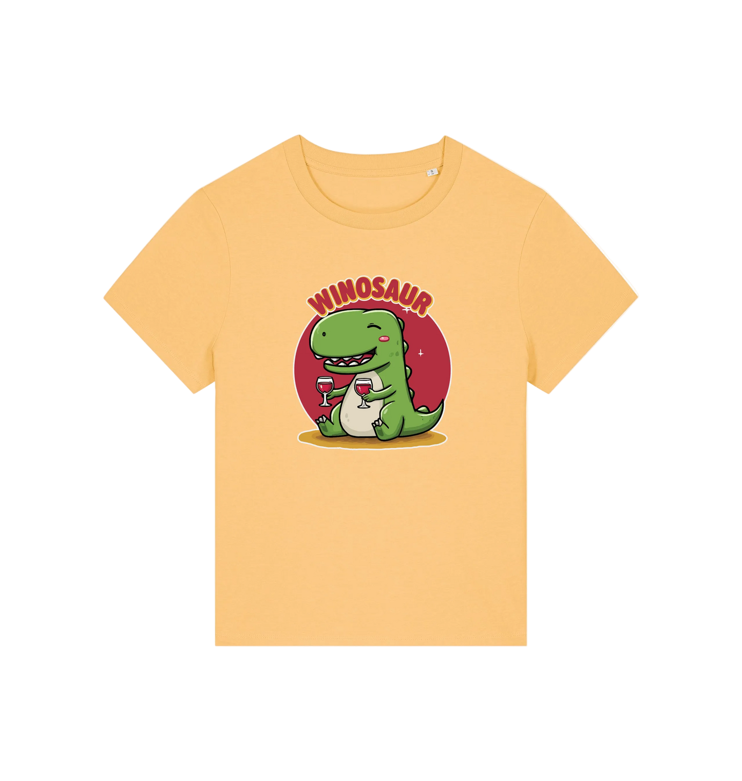 yellow funny graphic t-shirt with a cartoon dinosaur holding a wine glass and the word 'WINOSAUR'