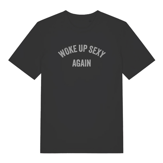 black women's funny slogan t-shirt with the text 'woke up sexy again'