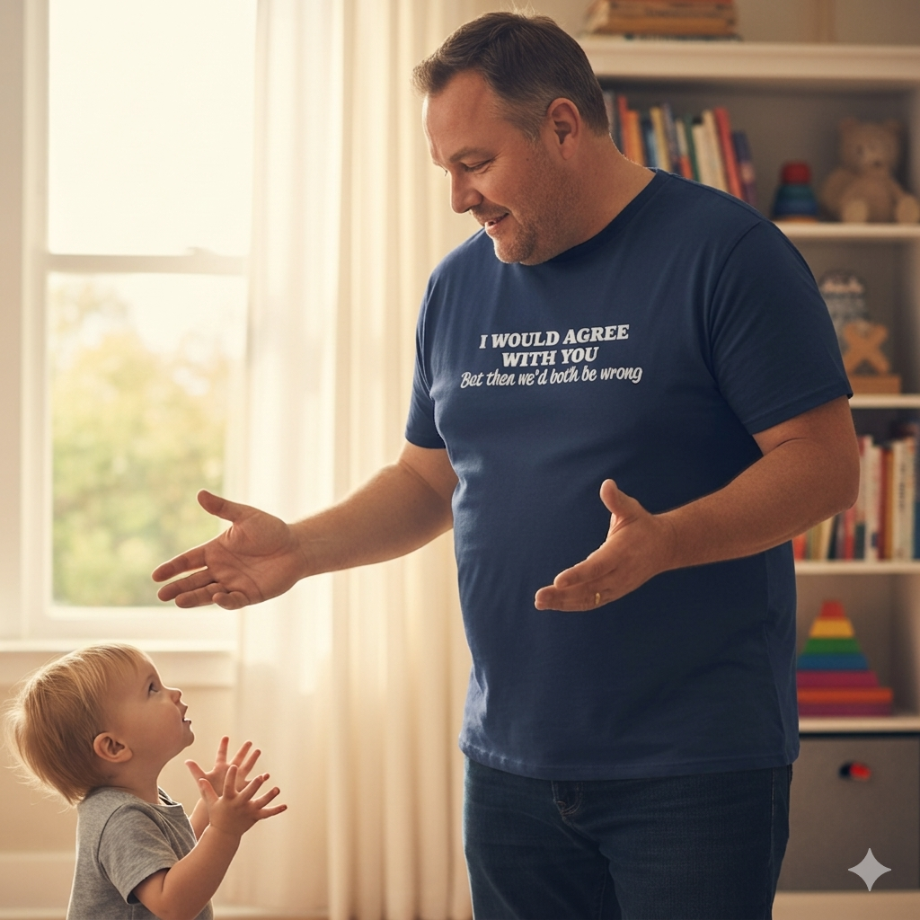 Man and child interacting in a room with books and toys