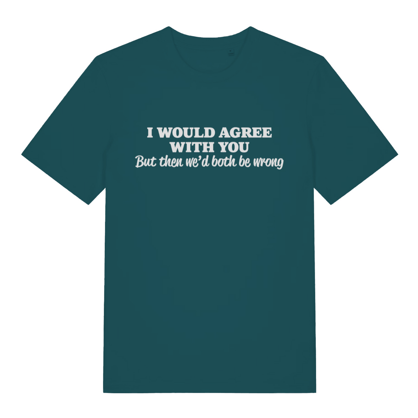 teal women's funny slogan t-shirt with the text 'i would agree with you but then we'd both be wrong'