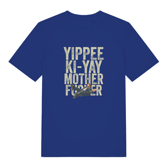 blue christmas t-shirt with the slogan 'yippee ki-yay motherfucker'