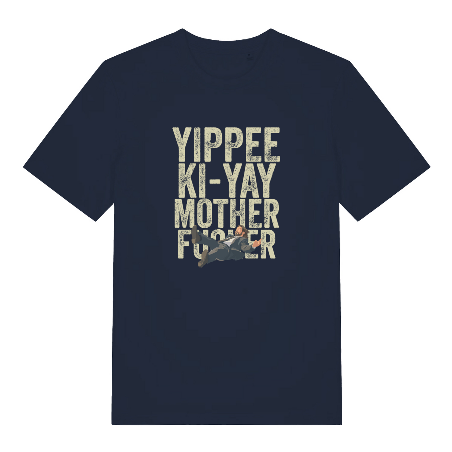 navy christmas t-shirt with the slogan 'yippee ki-yay motherfucker'
