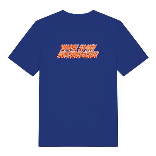 blue movie t-shirt with the slogan 'yippee ki-yay motherfucker'