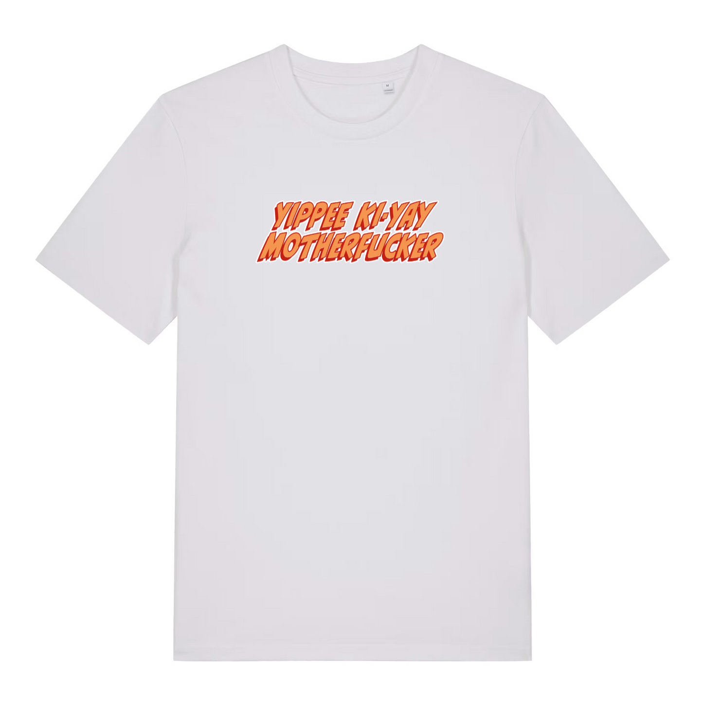 white movie t-shirt with the slogan 'yippee ki-yay motherfucker'