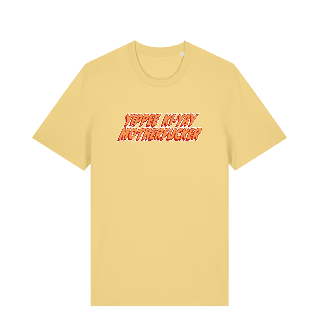 yellow movie t-shirt with the slogan 'yippee ki-yay motherfucker'