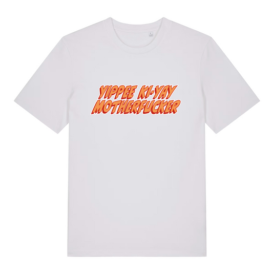 white women's movie t-shirt with the quote 'yippee ki-yay motherfucker'
