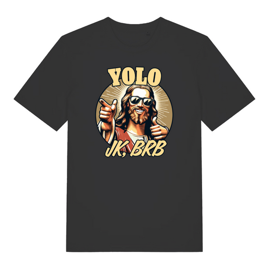 black funny jesus t-shirt with the graphic of jesus in sunglasses pointing his finger and the slogan 'yolo jk brb'