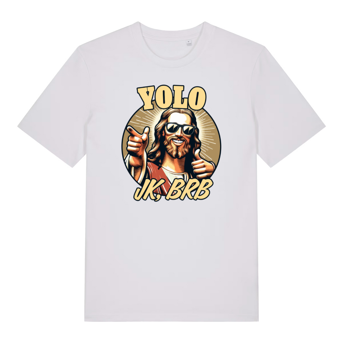 white funny jesus t-shirt with the graphic of jesus in sunglasses pointing his finger and the slogan 'yolo jk brb'